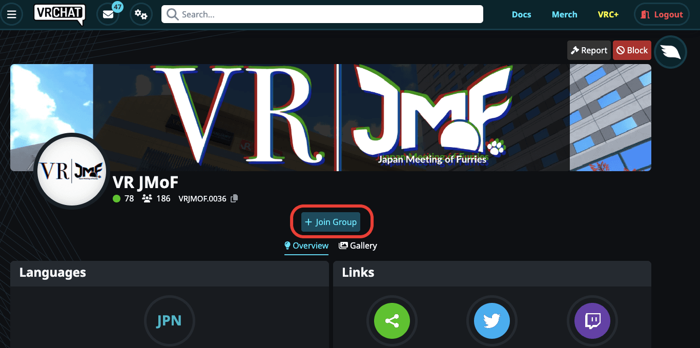 Screenshot of VRChat group join screen